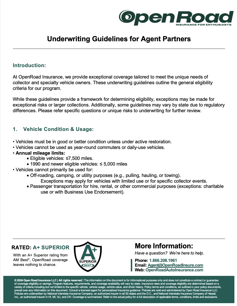 OpenRoad Insurance UW Guidelines